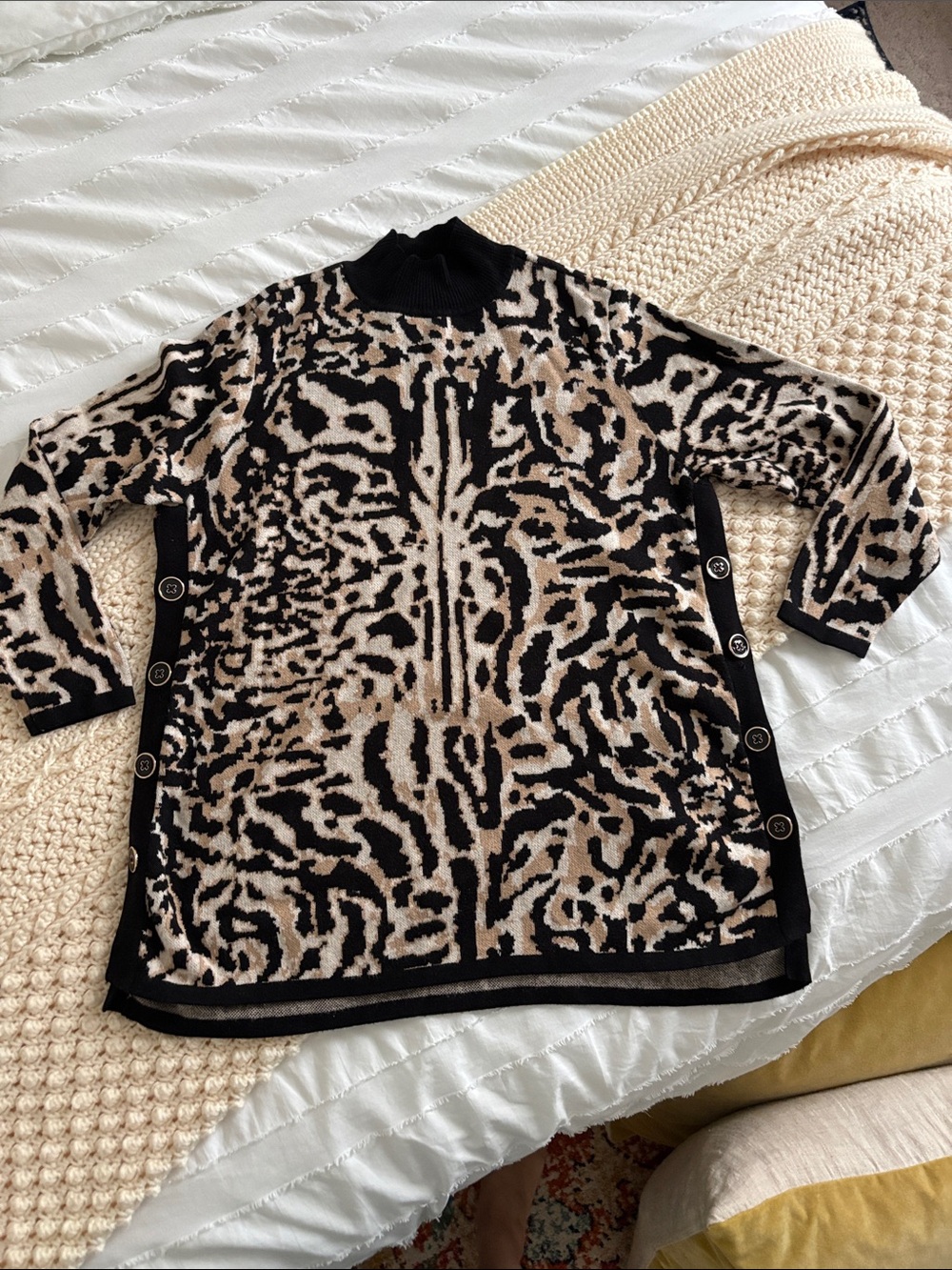 Chico's Black and Cream Animal-Print Turtleneck Sweater